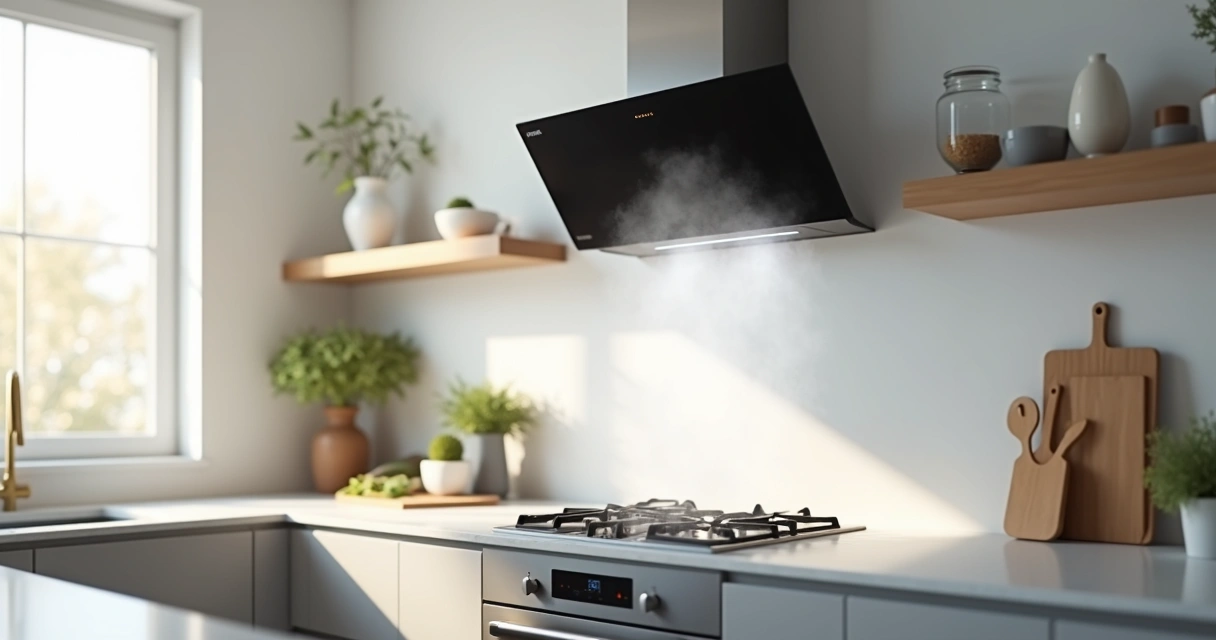 Depurador de ar instalado acima do fogão em cozinha moderna com luz natural 