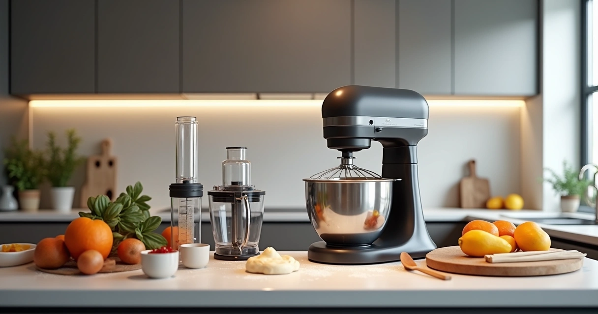 Batedeira planetária em bancada junto de processador de alimentos, liquidificador e airfryer 