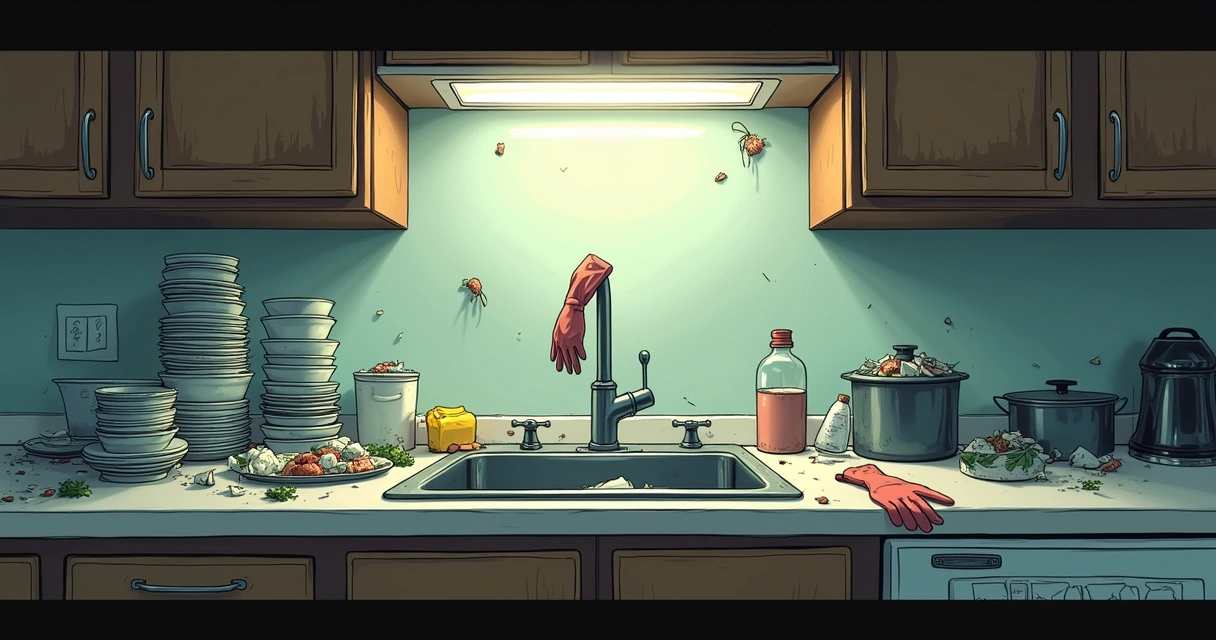 Cozinha com lixo acumulado próximo a uma lixeira aberta 