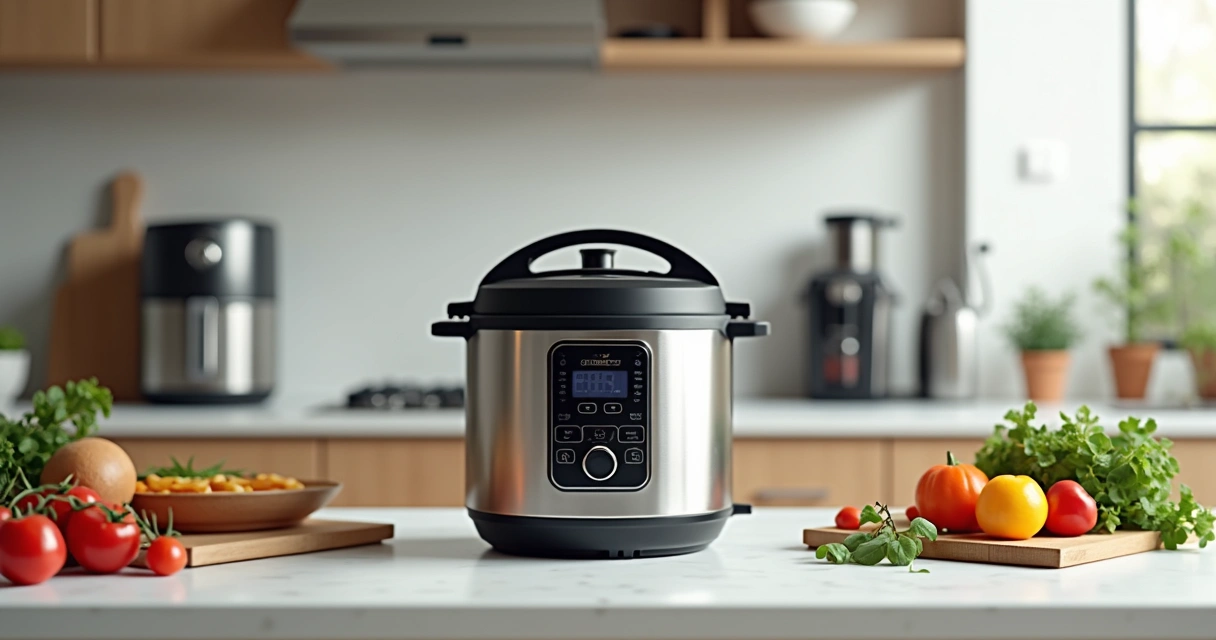 Cozinha moderna com diversos eletrodomésticos sobre a bancada, incluindo uma panela de pressão elétrica 