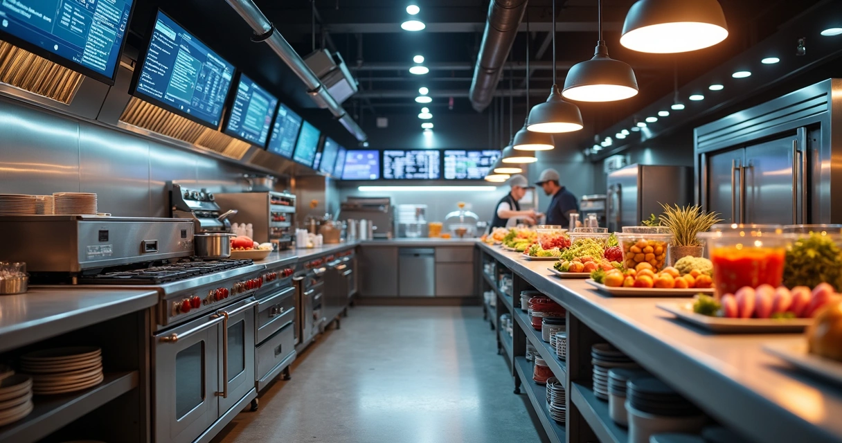 Cozinha de restaurante com telas digitais e equipamentos integrados 