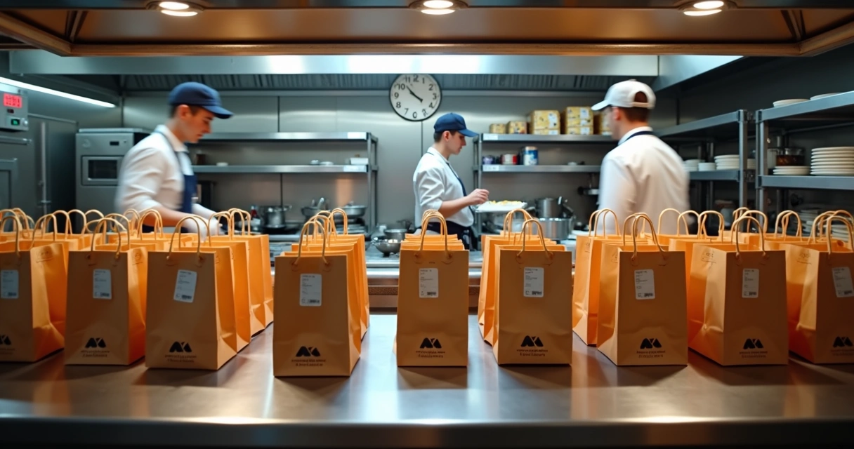 Cozzinha profissional com prateleira cheia de sacolas de delivery prontas 