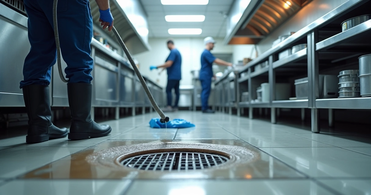 Cozinha comercial profissional limpa com equipa a higienizar chão e ralos 