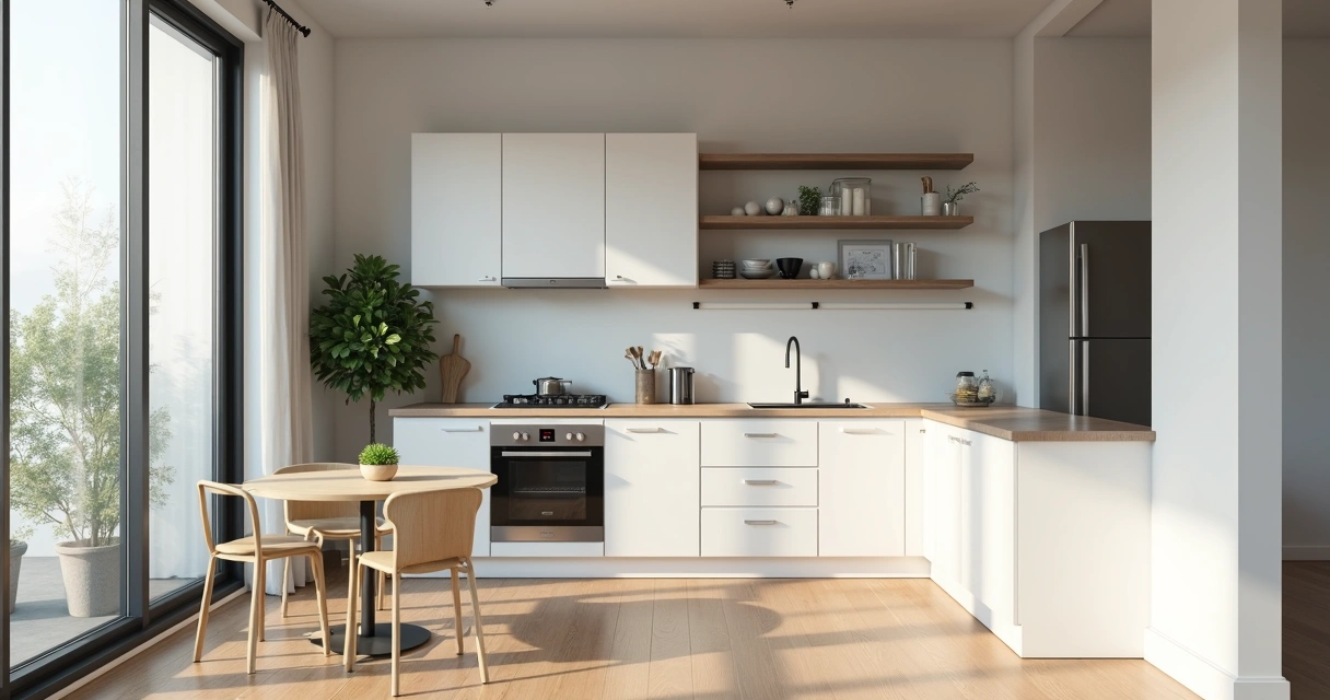 Cozinha compacta com armários brancos e eletrodomésticos modernos