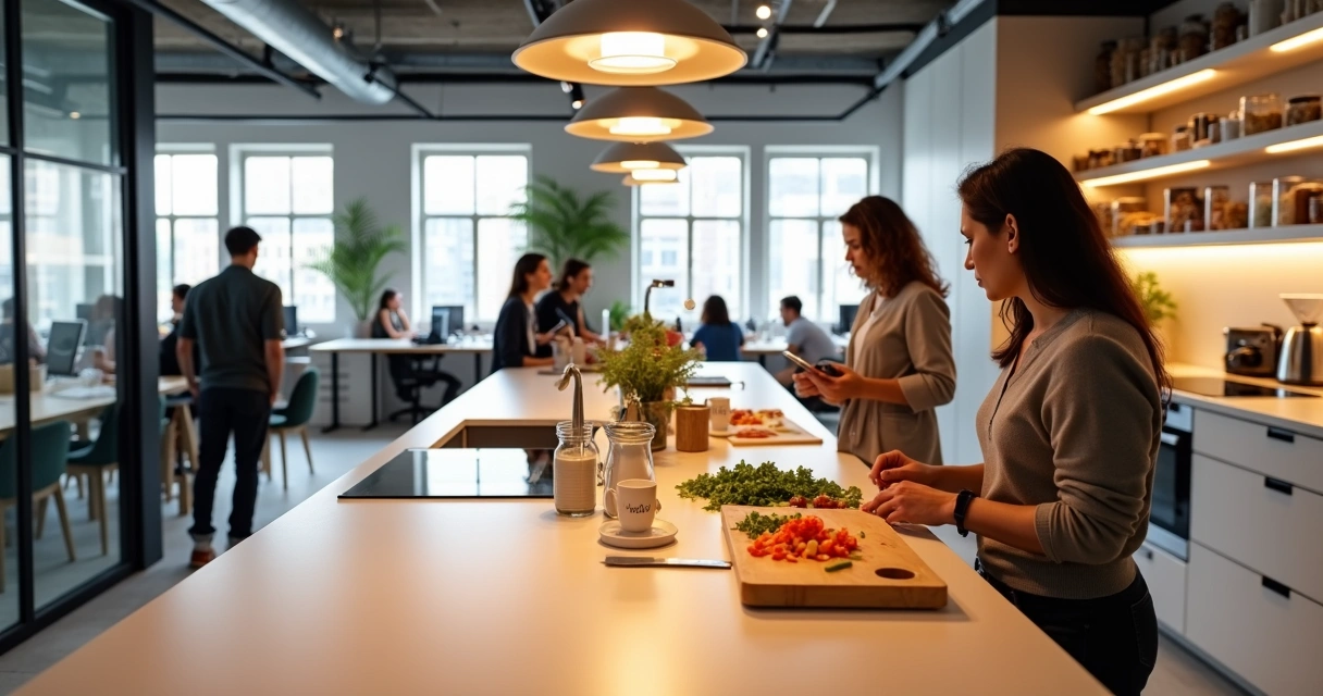 Bancada organizada de cozinha compartilhada em coworking moderno 