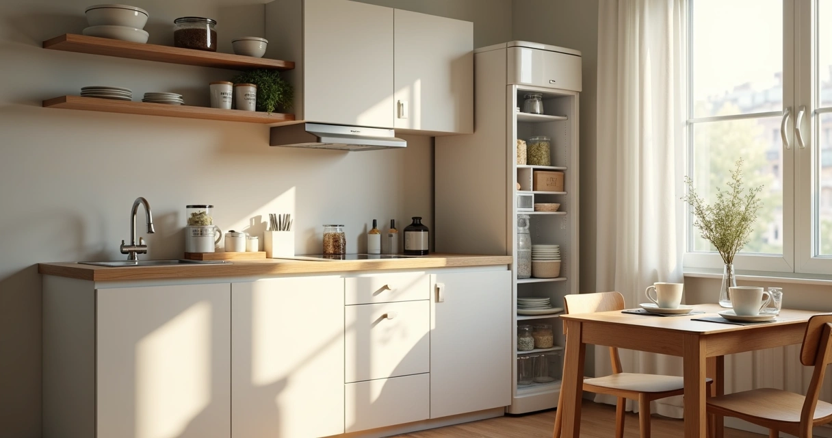 Cozinha compartilhada organizada com itens de limpeza e mesa arrumada 