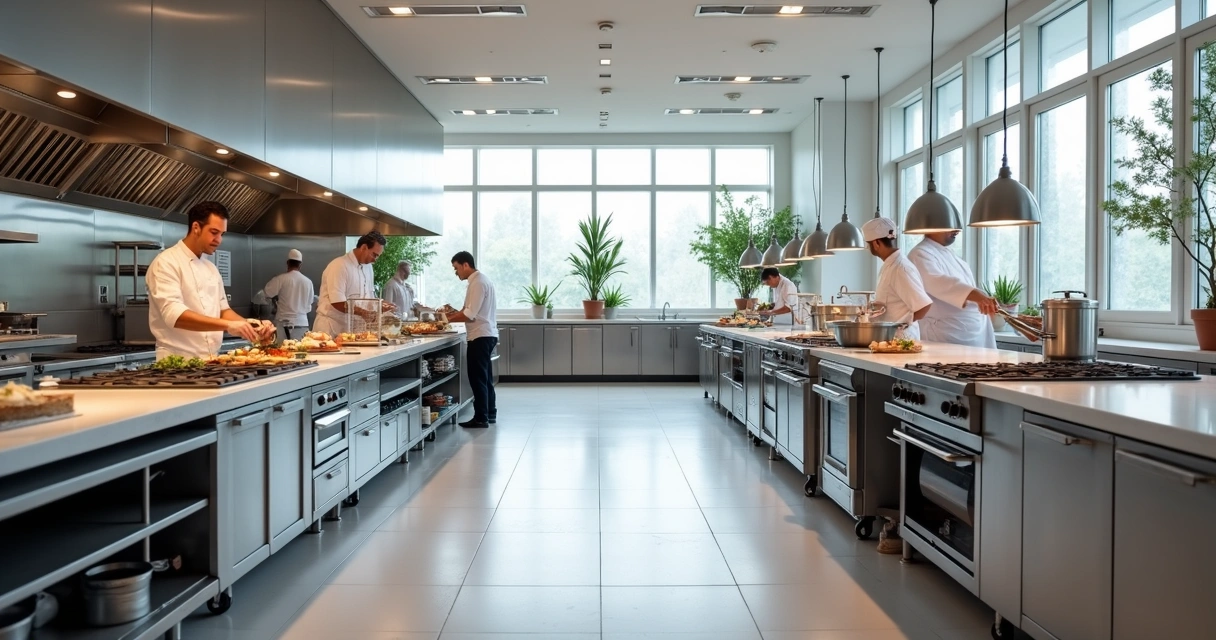 Cozinha industrial ampla com várias estações de trabalho e equipamentos modernos