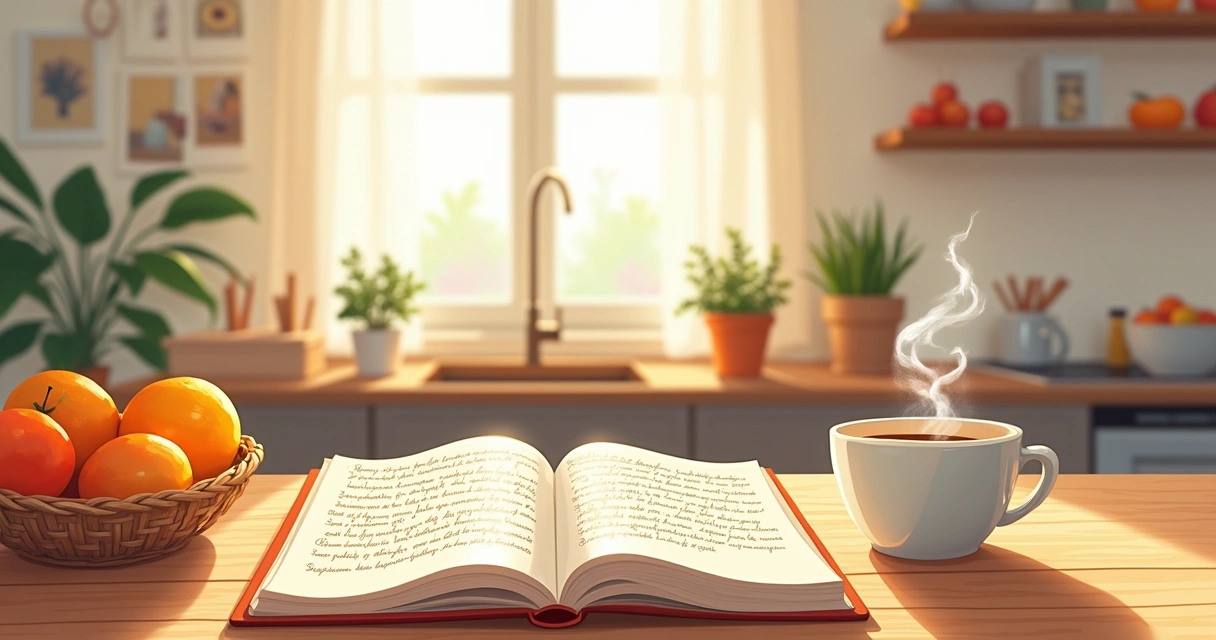 Uma cena de cozinha aconchegante com uma xícara de café, um caderno aberto e flores ao fundo.