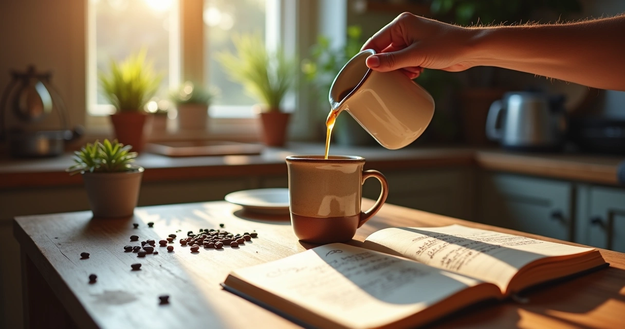 Cena acolhedora em uma cozinha com café fresco, plantas e um caderno aberto sobre uma mesa de madeira.