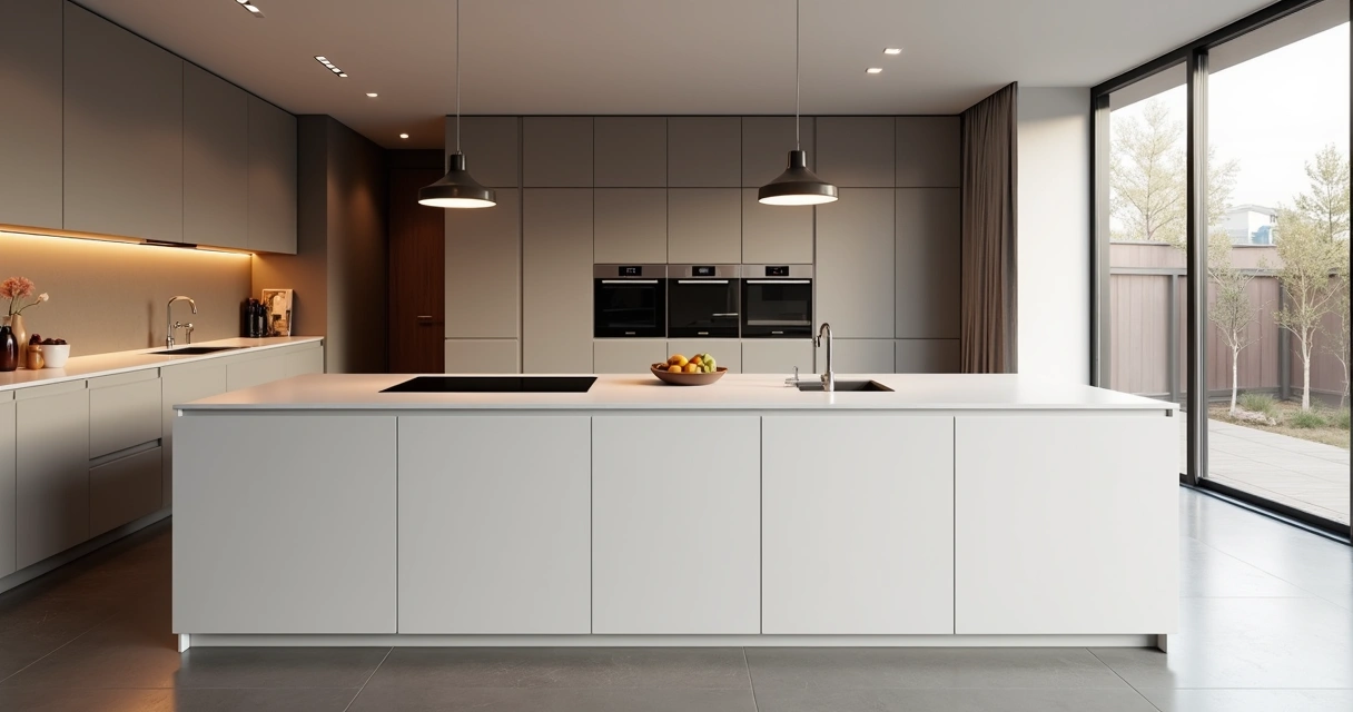 Bancada de Corian branca em cozinha moderna com iluminação indireta e objetos decorativos em tons neutros. 