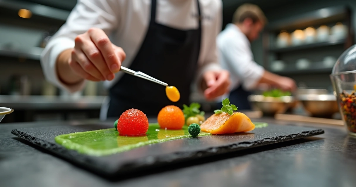 Chef finalizando prato moderno com técnicas de cozinha criativa em restaurante sofisticado 