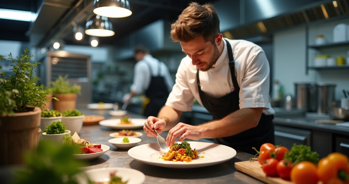 Chef cria prato inovador em cozinha gourmet 