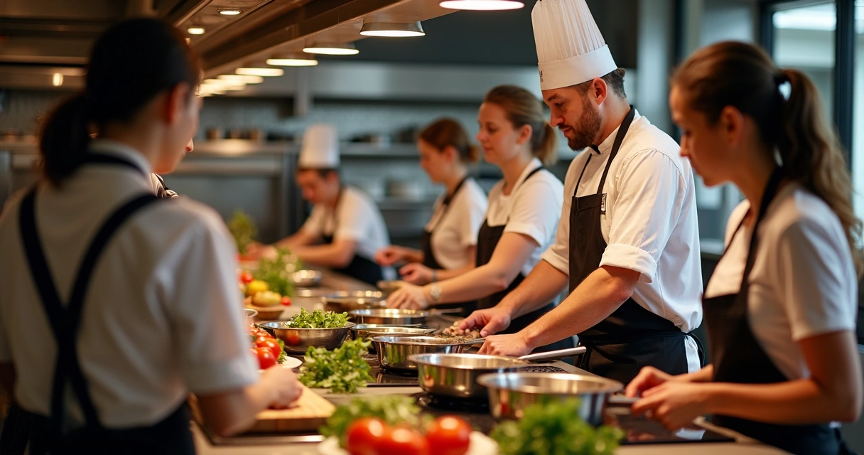 Chef e grupo de pessoas em cozinha de restaurante participando de curso de culinária 