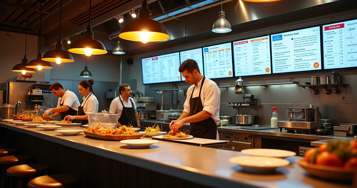 Cozinha de bar com telas de pedidos