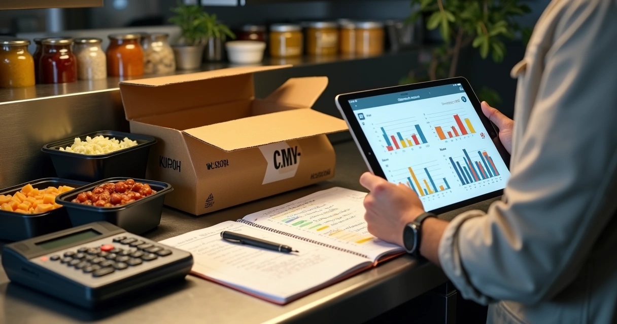 Chef de delivery conferindo tablet e calculadora ao lado de embalagem pronta 