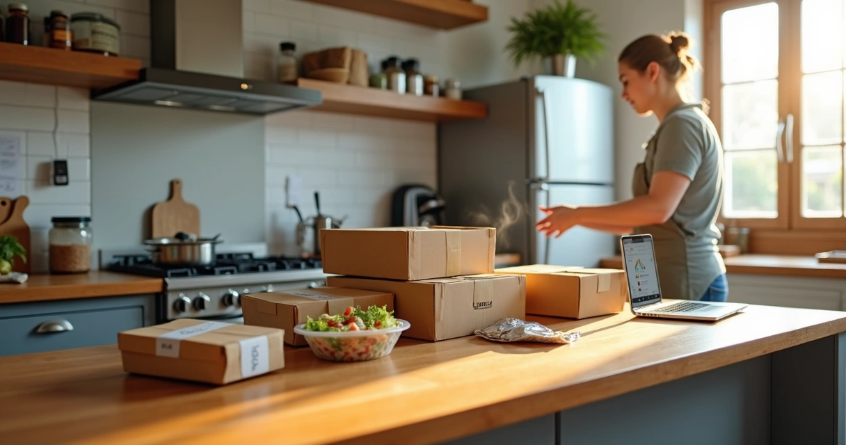 Cozinha caseira organizada como estrutura de delivery com embalagens e pedidos sobre bancada 