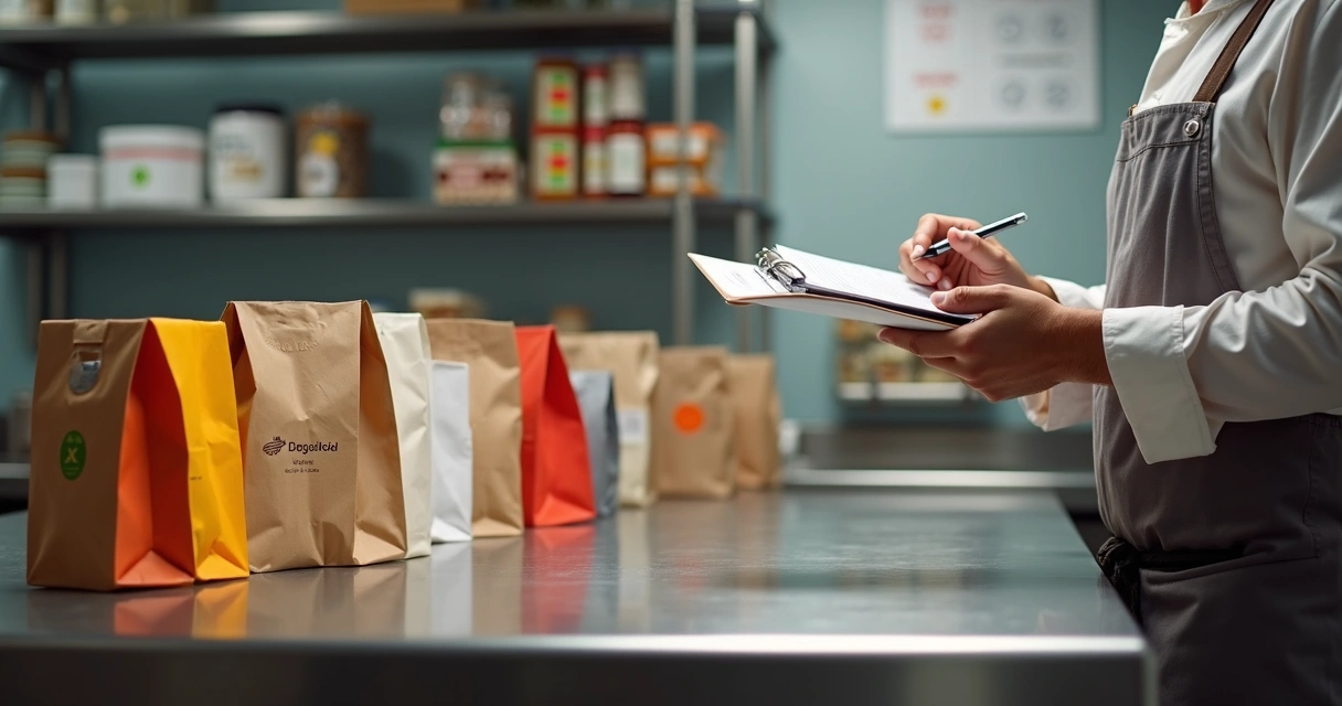 Chef conferindo checklist de qualidade ao lado de embalagens de delivery prontas 