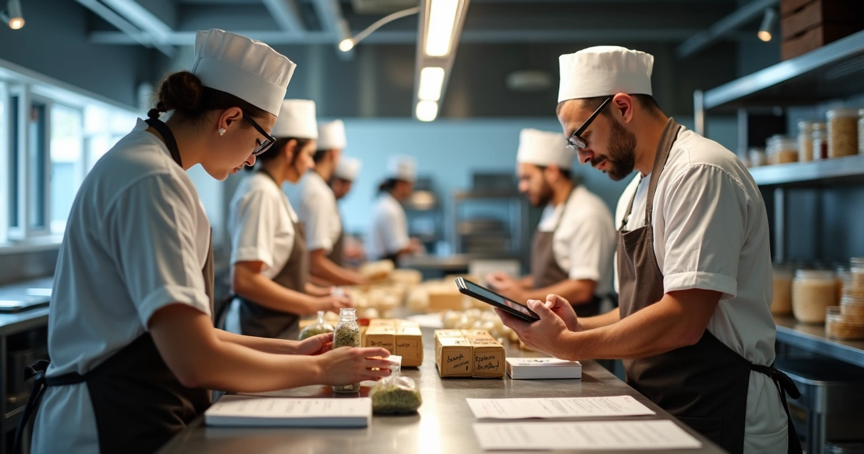 Equipe de cozinha organizando pedidos de delivery com controle de custos
