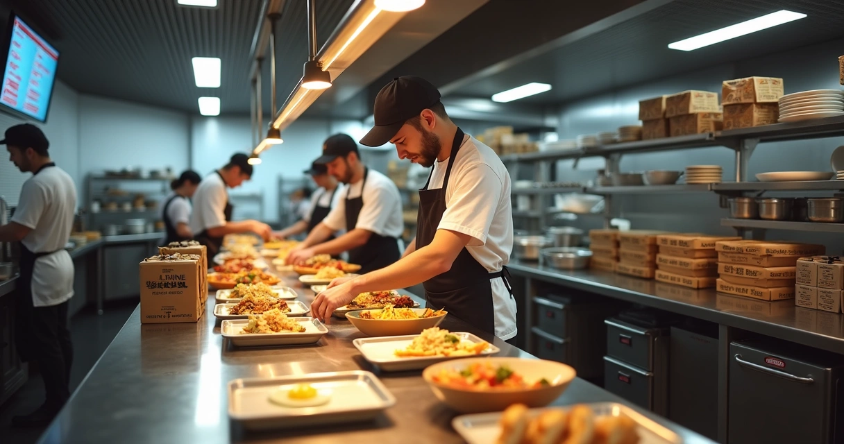 Cozinha de delivery com tela de pedidos e equipe em operação 