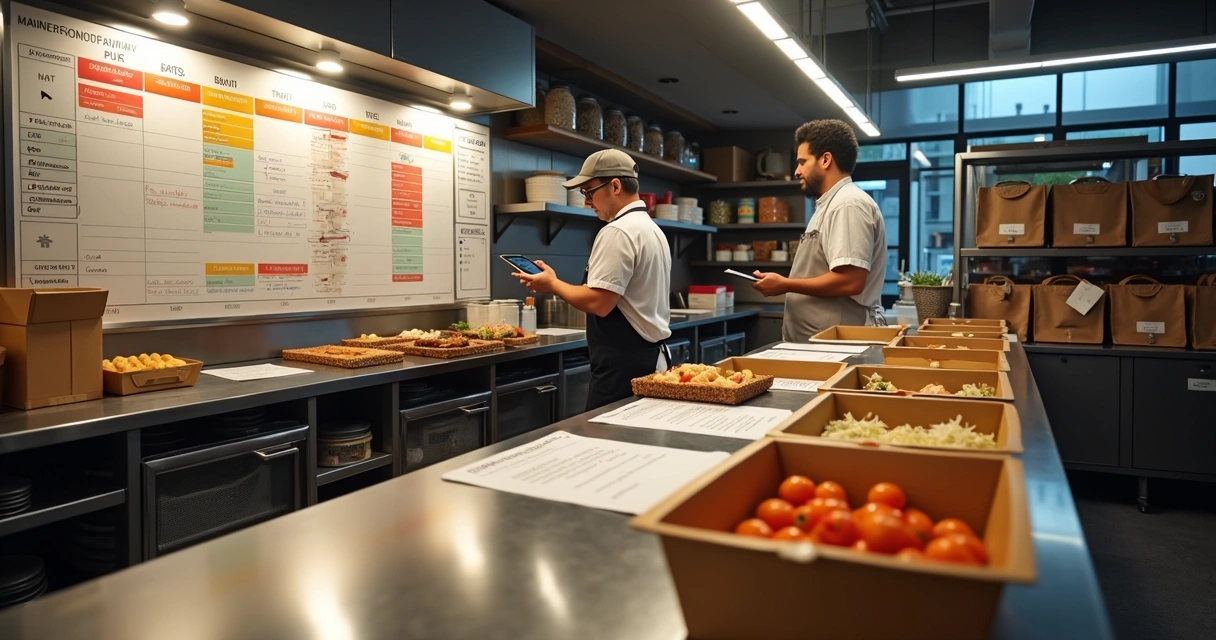 Equipe de cozinha organizando linha de produção de delivery para data sazonal 