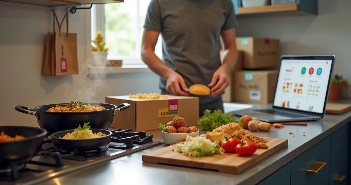 Empreendedor organizando pedidos de delivery em uma cozinha doméstica moderna 