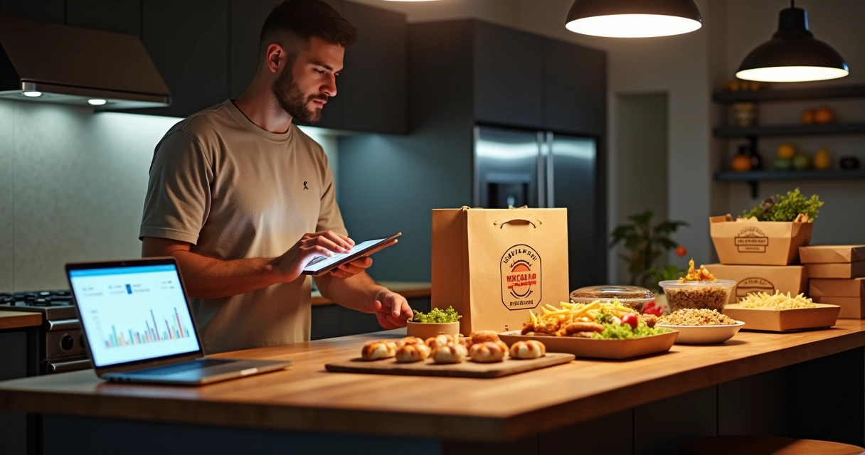 Empreendedor organizando pedidos de delivery em cozinha residencial equipada com múltiplas marcas 