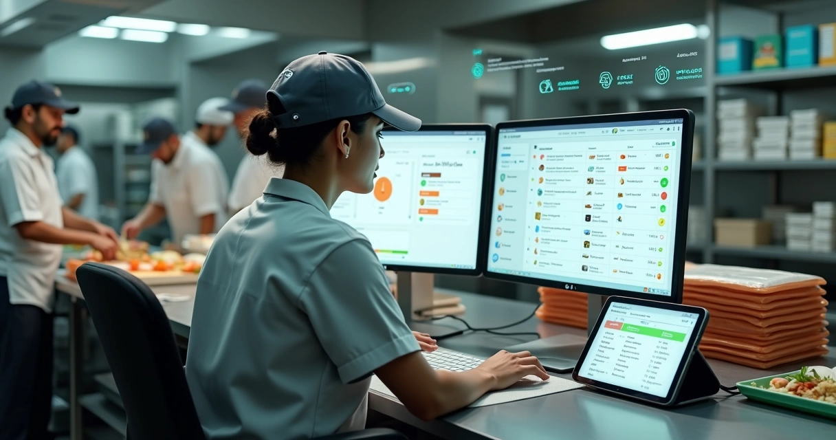 Operador de delivery usando gestor de pedidos integrado com aplicativos em cozinha profissional 