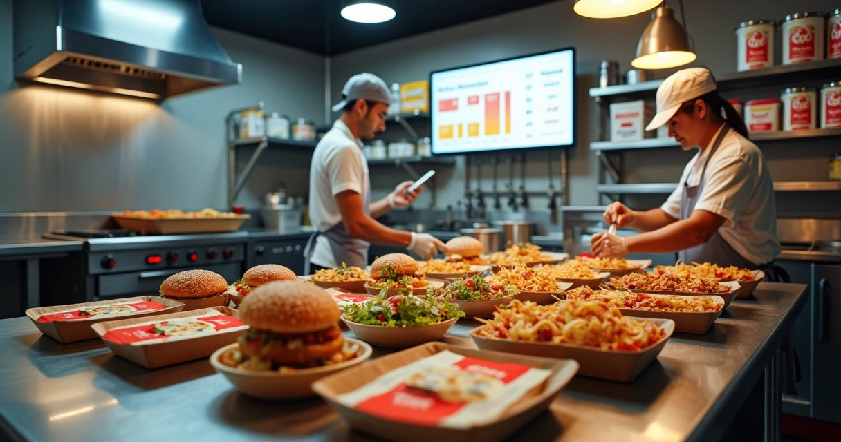 Cozinha profissional de delivery gerenciando vários pedidos do iFood em telas e embalagens prontas para envio 