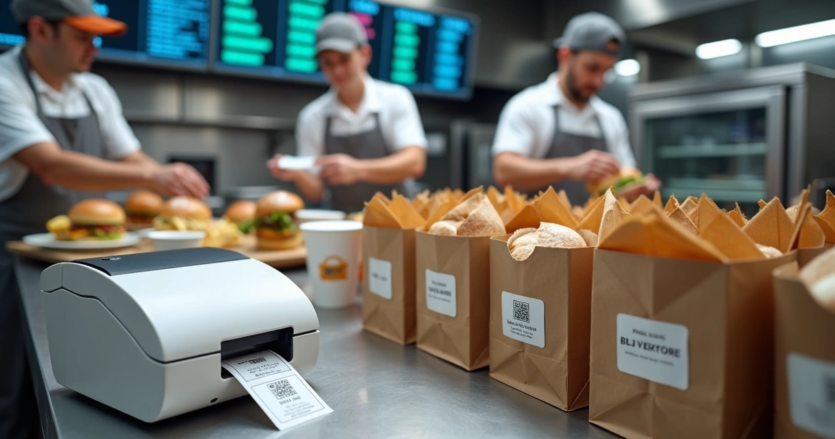 Impressora de etiquetas em cozinha de delivery com sacolas prontas 