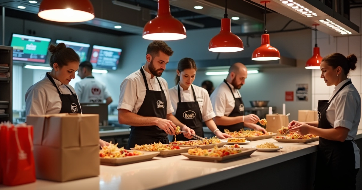 Cozinha moderna de delivery com várias estações de trabalho, funcionários uniformizados e pedidos prontos para entrega 