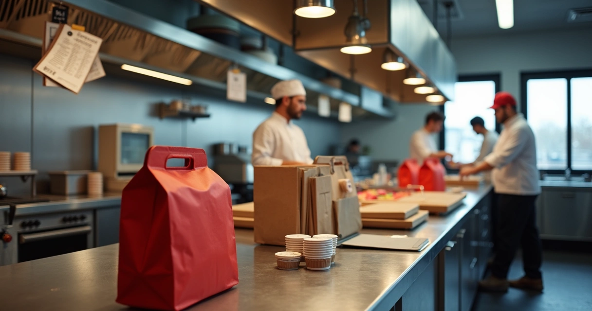 Cozinha de delivery com vários pedidos prontos 