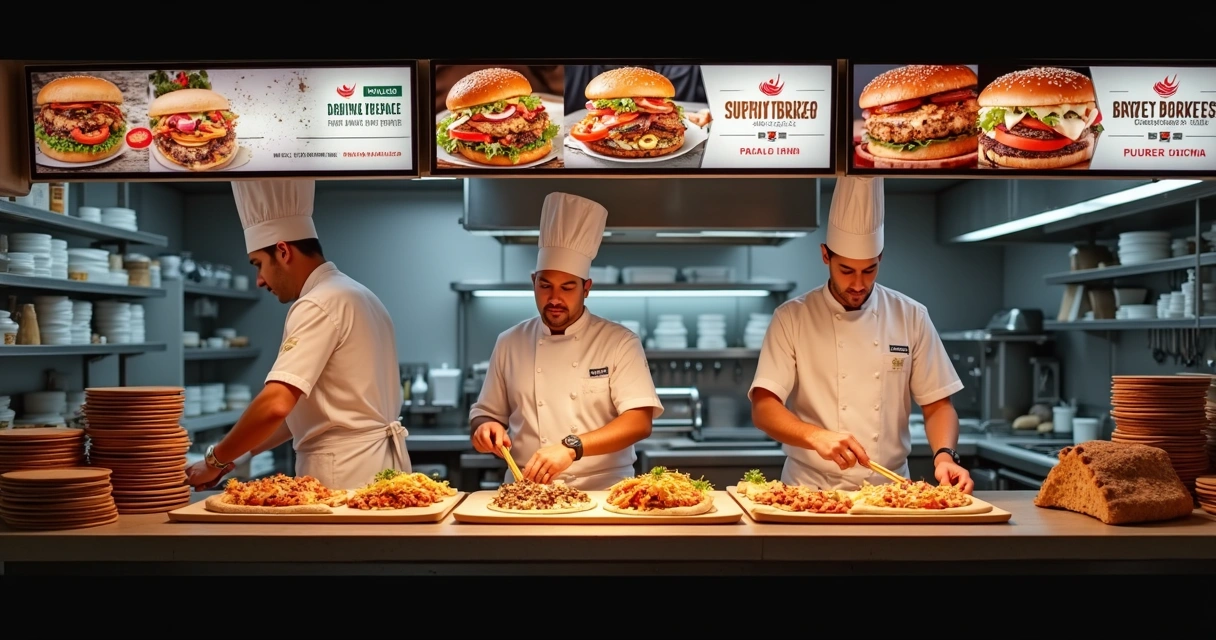 Equipe trabalhando em cozinha delivery com múltiplas marcas expostas 