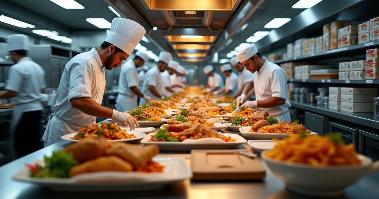 Cozinha industrial com chefs preparando diversos pratos para delivery. 