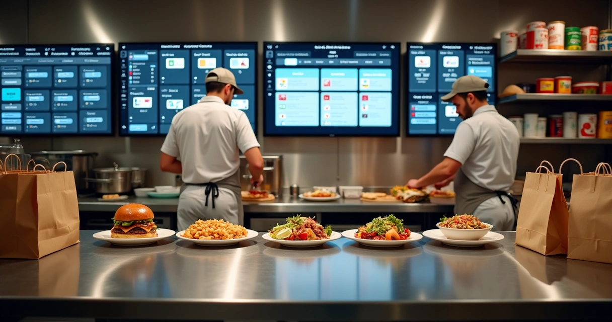 Cozinha profissional operando múltiplas marcas de delivery com telas e embalagens diferentes 