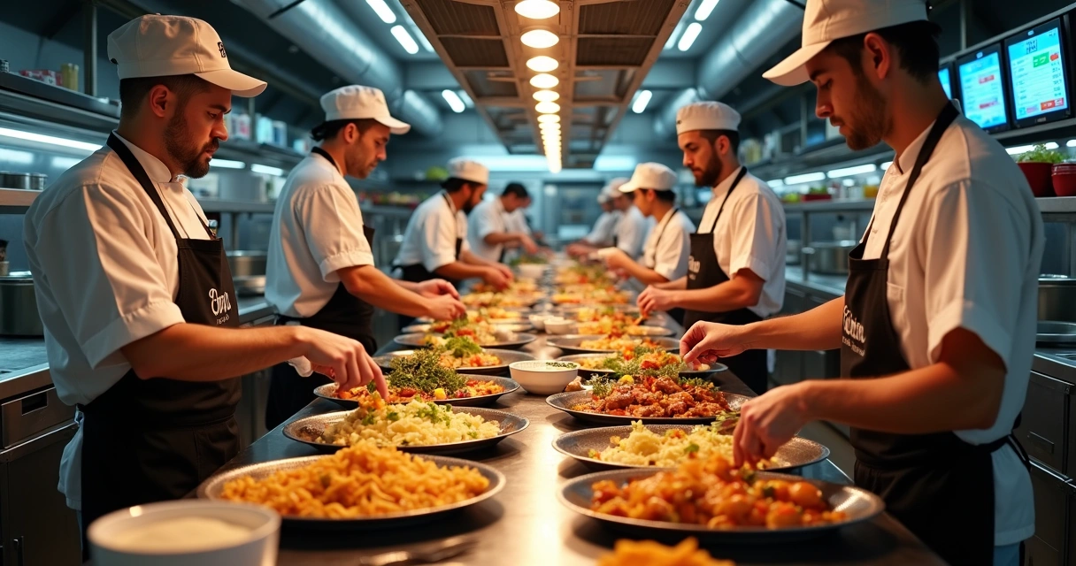 Cozinha profissional com várias equipes preparando pratos de diferentes marcas 