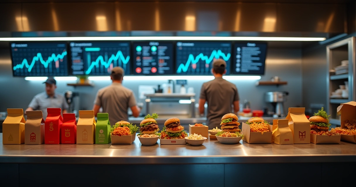 Cozinha profissional de delivery com vários pedidos organizados e telas digitais de gestão 