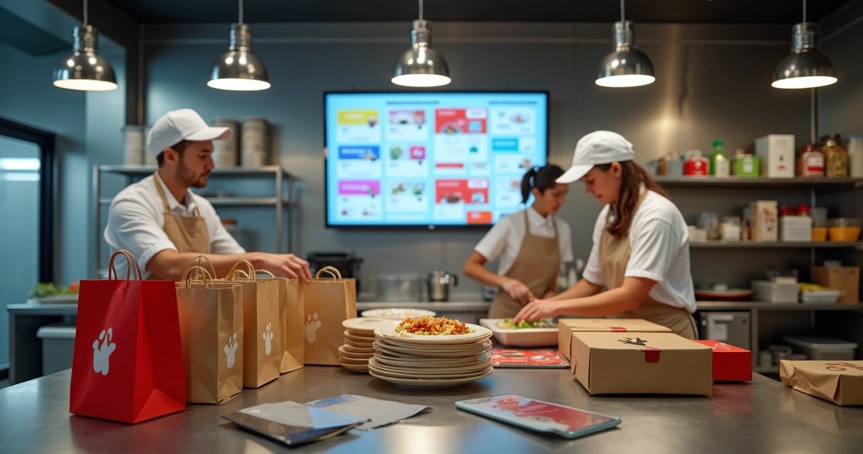 Cozinha profissional com equipe organizando pedidos de delivery multimarcas em telas digitais 