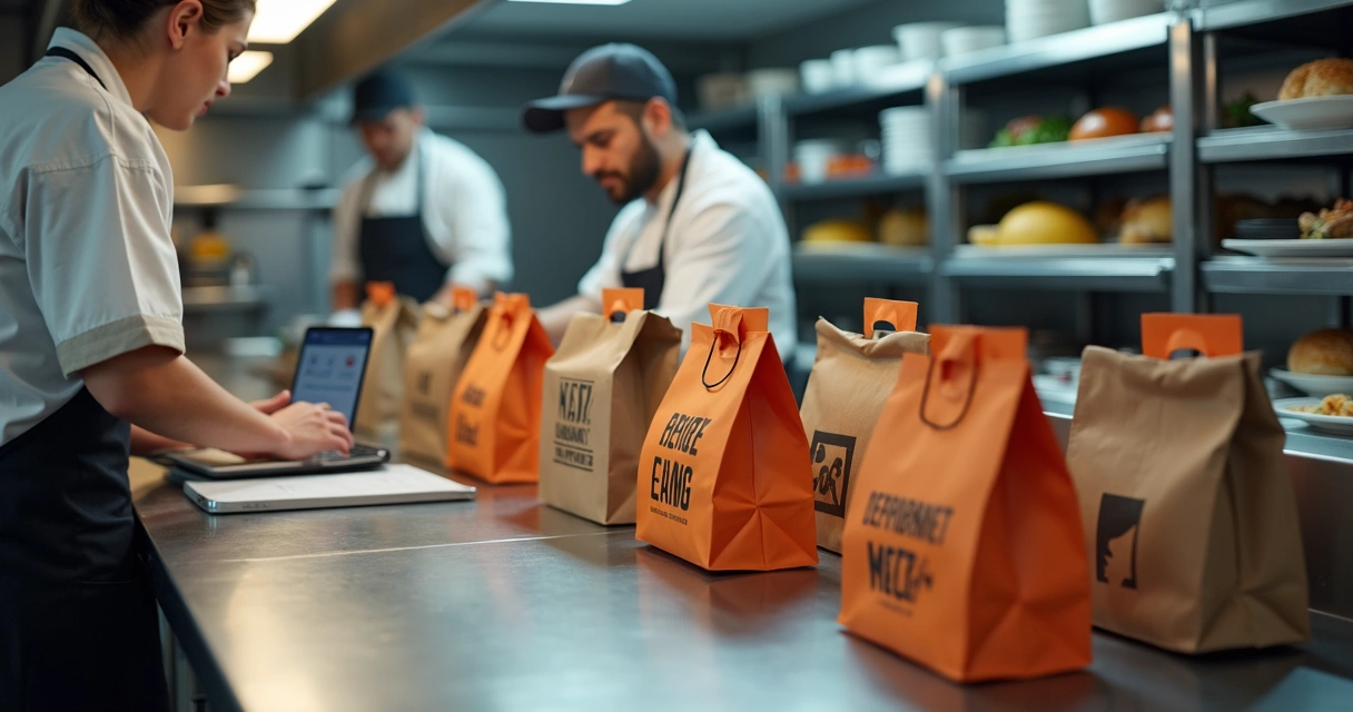 Cozinheiro organizando pedidos de delivery de múltiplas marcas em uma cozinha profissional 
