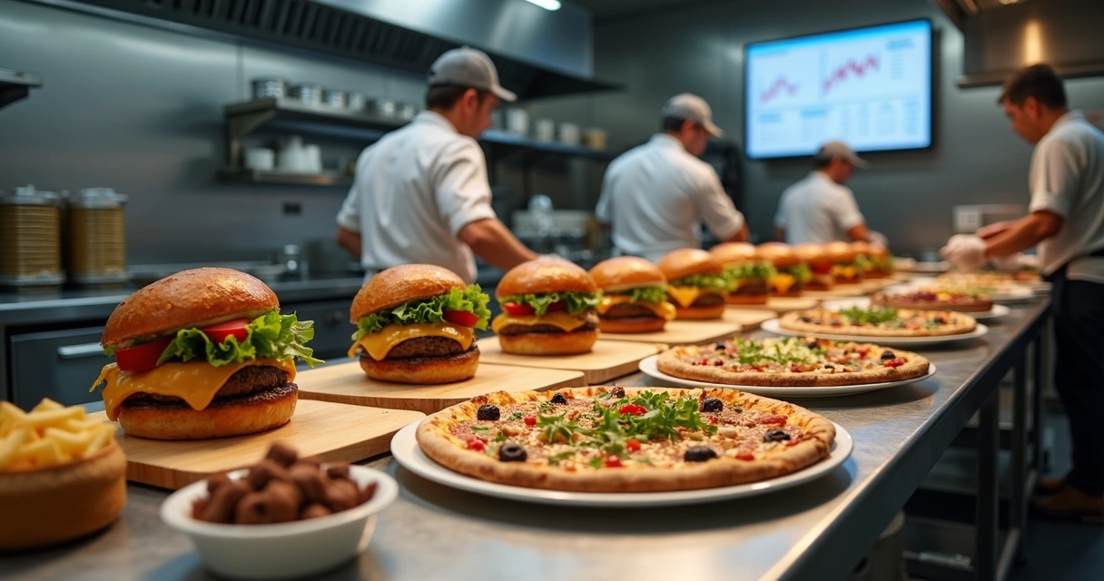 Cozinha profissional operando múltiplos pedidos de delivery simultâneos 