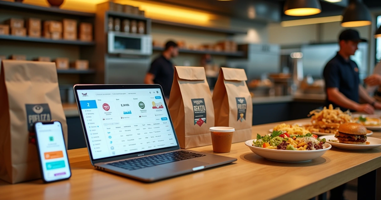 Mesa com notebook mostrando painel de delivery ao lado de embalagens e pratos prontos para entrega 