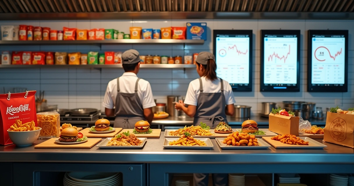 Cozinha profissional operando múltiplos pedidos de delivery simultâneos 