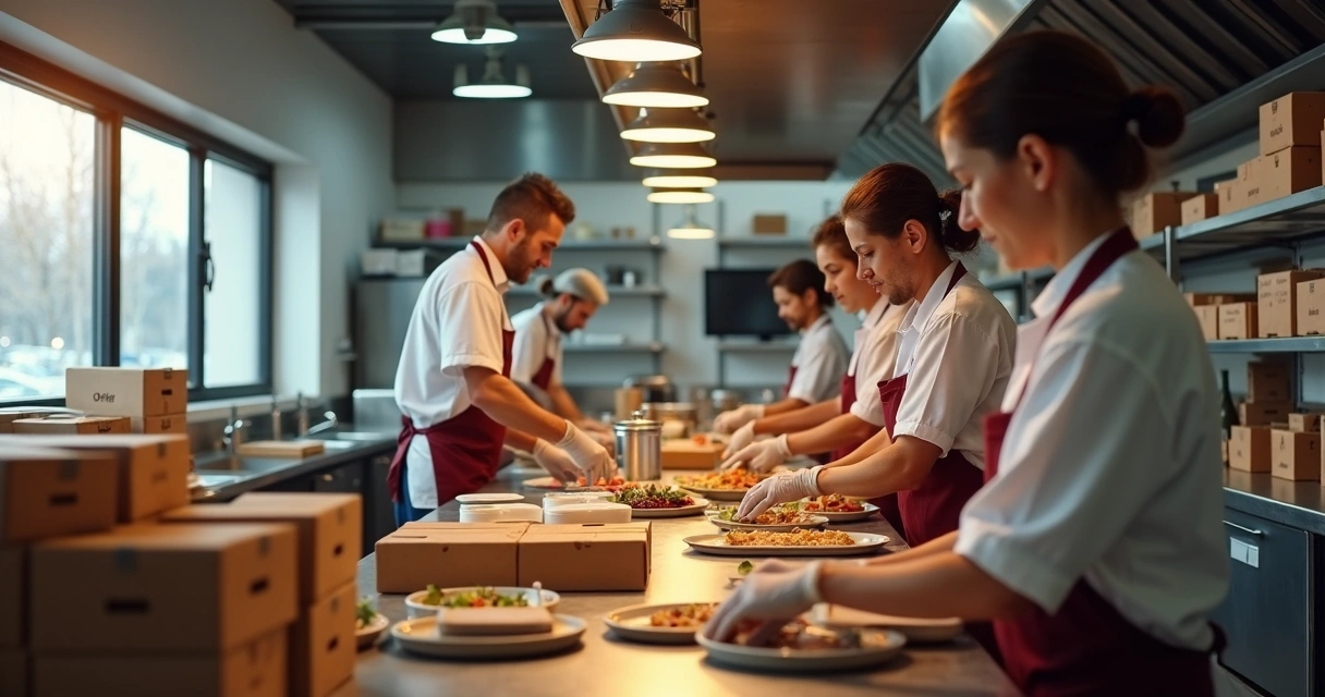Cozinha de delivery organizada com equipe em produção