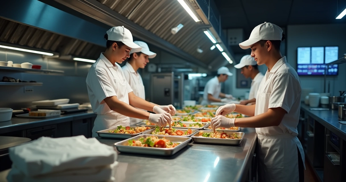 Equipe de cozinha em operação intensa, preparando pedidos de delivery na cozinha moderna e limpa. 