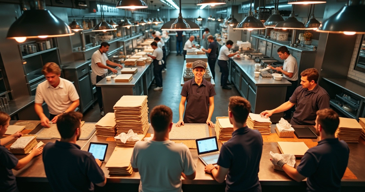 Equipe de cozinha preparando pedidos em horário de pico 