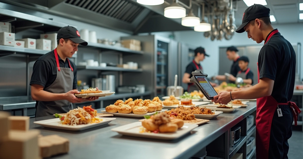 Cozinha de delivery organizada com embalagens 