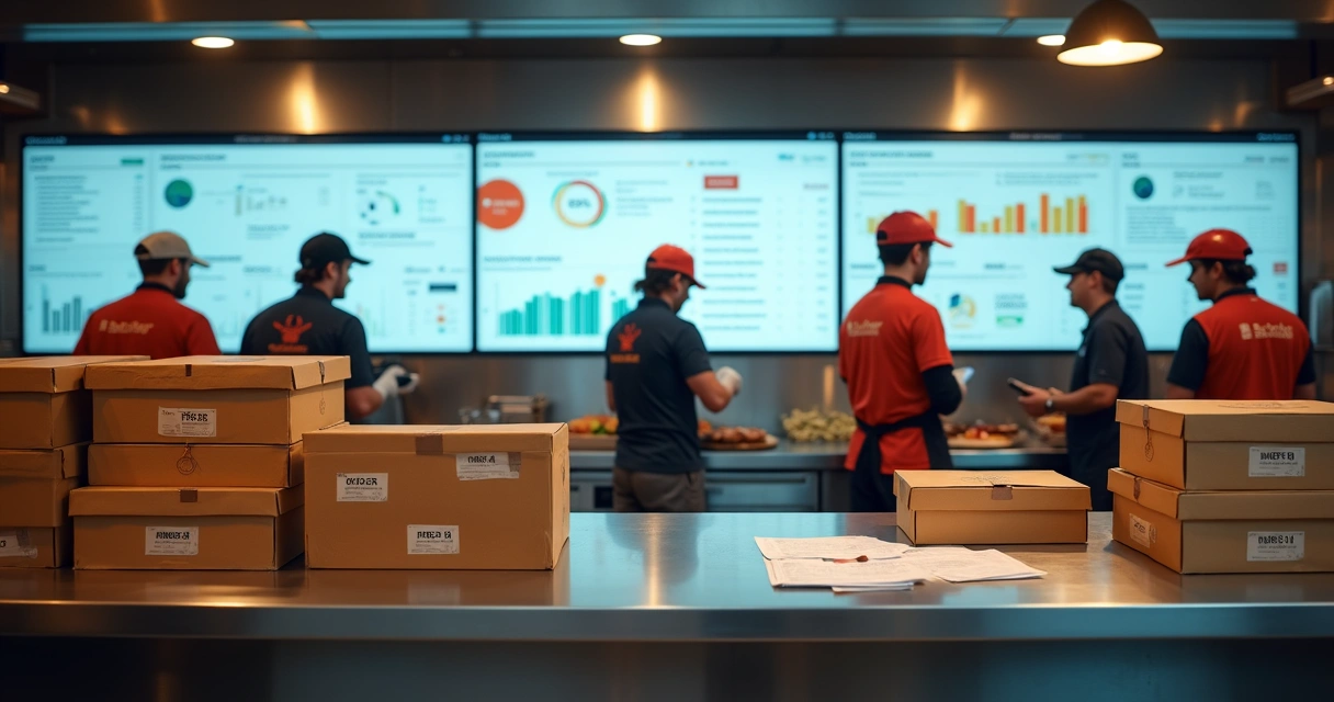 Cozinha de delivery organizada com grande painel digital de gestão na parede 