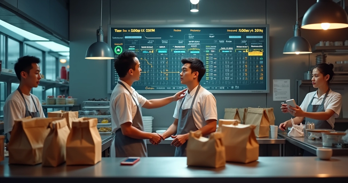 Equipe de cozinha de delivery coordenando pedidos com painel de tempo na parede 
