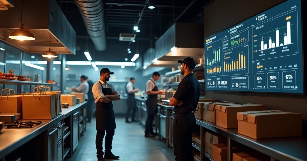 Gestor em frente a estação de entrega e painel digital com indicadores de delivery 