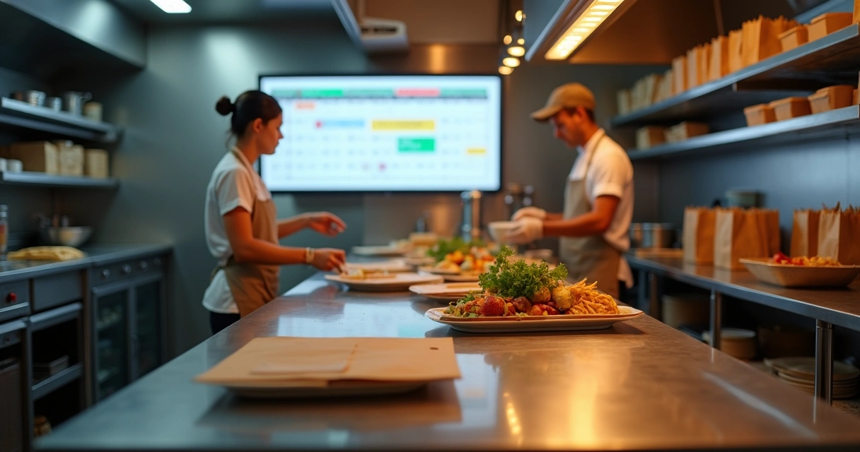 Cozinha de delivery organizada com tela mostrando pedidos agendados por horário 