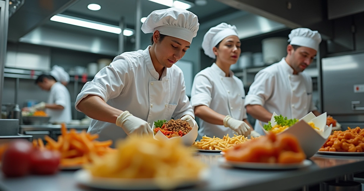 Equipe em cozinha multimarcas preparando pedidos 